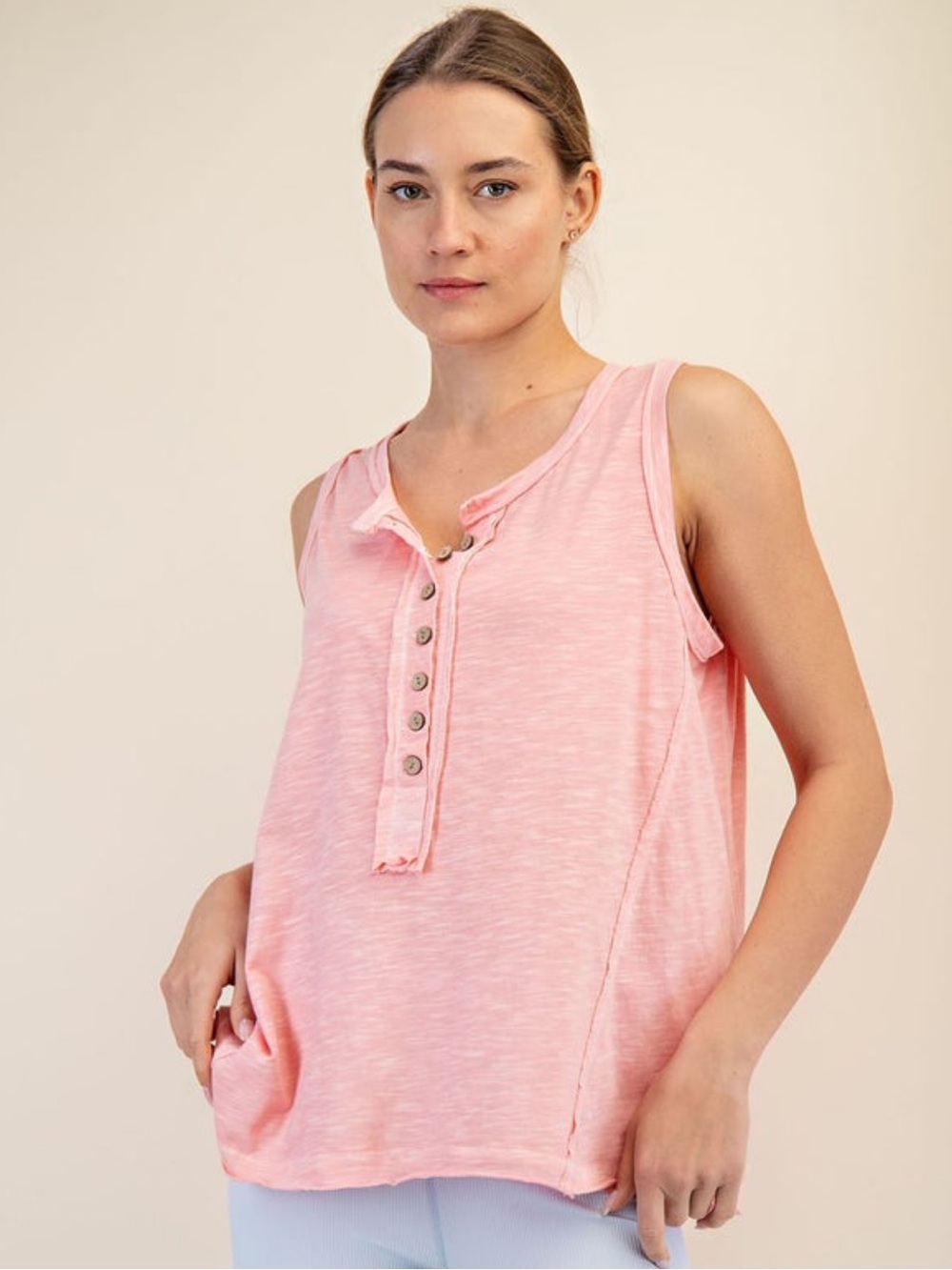 🆕 RAE MODE MINERAL WASHED SLEEVELESS HENLEY TOP LARGE GRAPEFRUIT